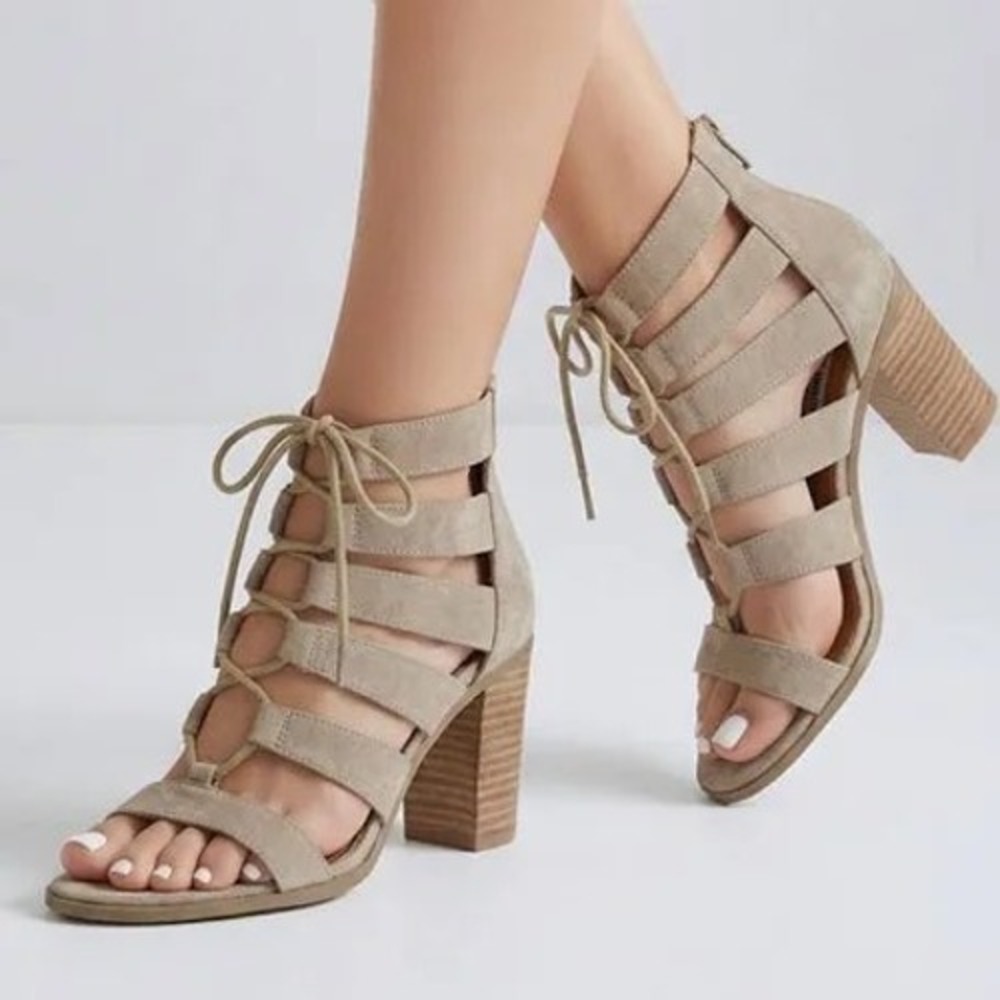 Steve Madden Dayyna Tan Suede Lace Up Caged Gladiator Block Heels Womens 8M
